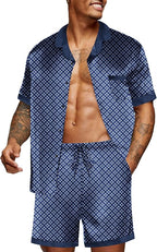 Ekouaer Men Satin Silk Pajamas Set with Pockets Sleepwear Shorts Satin Summer Loungewear 2 Piece Button Down Set S-3XL
