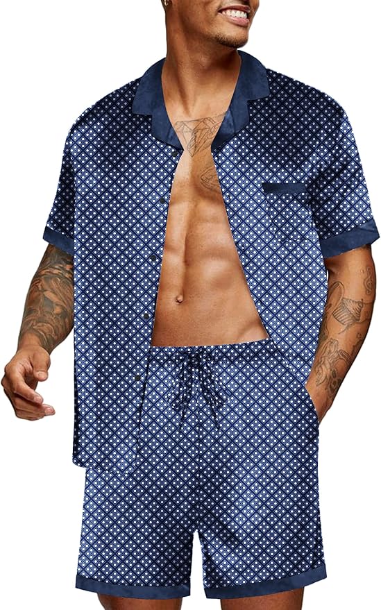 Ekouaer Men Satin Silk Pajamas Set with Pockets Sleepwear Shorts Satin Summer Loungewear 2 Piece Button Down Set S-3XL