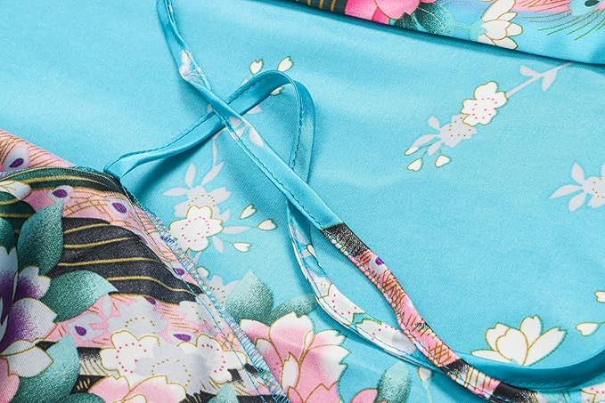 Women's Short Kimono Robes Bride and Bridesmaid Satin Floral Bathrobe Peacock Sleepwear Dressing Gown for Wedding Party