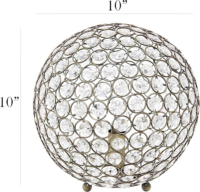 Elegant Designs LT1067-ABS 10" Elipse Crystal Collection Metal Crystal Ball Sequin Table Desk Lamp for Accent Lighting, Décor, Living Room, Antique Brass
