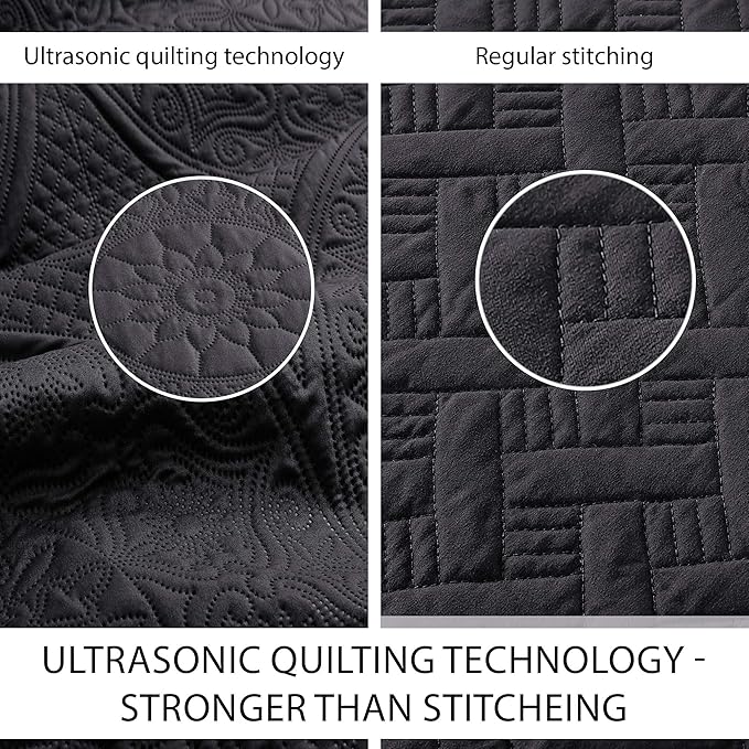 IR Imperial Rooms Twin Quilt Bedding Set Size (68” x 86”) + 1 Pillow Shams (20” x 26” + 2”) - 2 Pcs All Season Lightweight Reversible Microfiber Coverlet Floral Embossed Quilt Bedspread (Black)