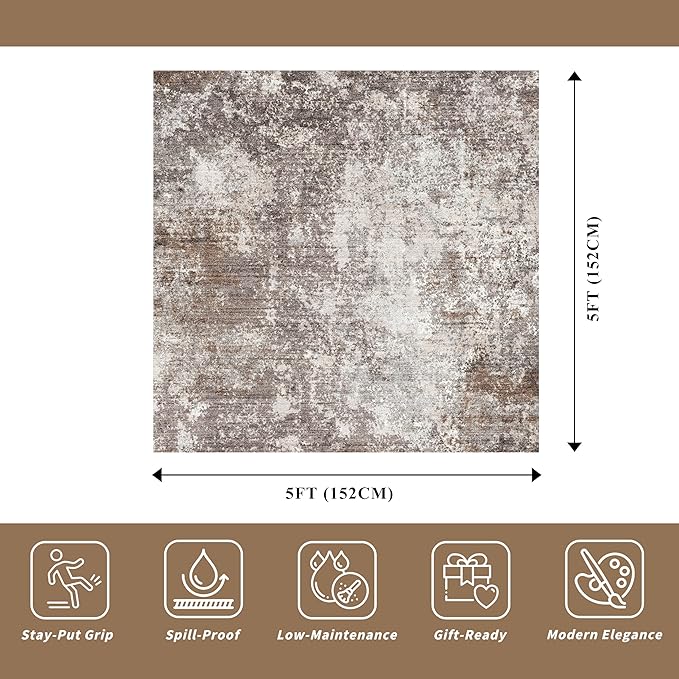 Washable 5x5 Area Rug Square – Non-Slip Soft Indoor Rug for Kitchen Living Room Entryway Bathroom – Modern Abstract Neutral 5ft Rug (Brown Beige, 5x5)