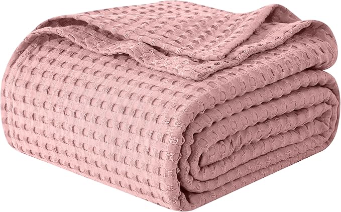 Elegant Comfort Premium 100% Cotton Waffle Blanket - Lightweight Breathable Waffle Weave Bed Blanket - Soft and Warm All Season Blanket for Couch, Sofa and Bed, Queen Size 90x90 Inches, Dusty Rose