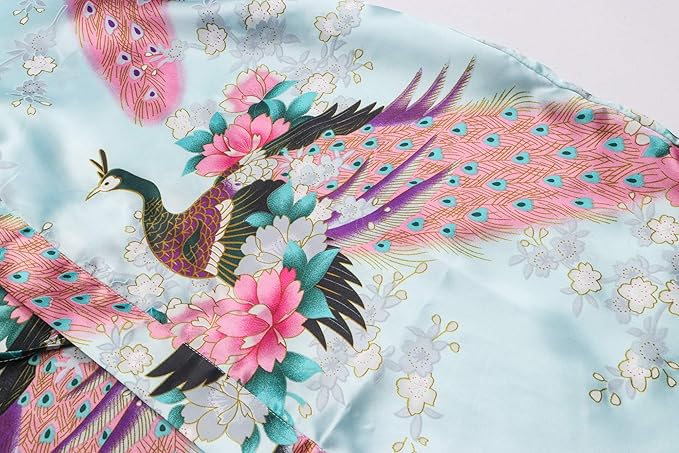 Women's Short Kimono Robes Bride and Bridesmaid Satin Floral Bathrobe Peacock Sleepwear Dressing Gown for Wedding Party