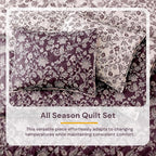 BLOOMHAVEN Quilt Set Queen Size, Italian Plum Floral Quilt Sets, Reversible Bedspread Lightweight and Breathable for All Seasons, Soft Quilted Bedspread with 2 Pillow Shams