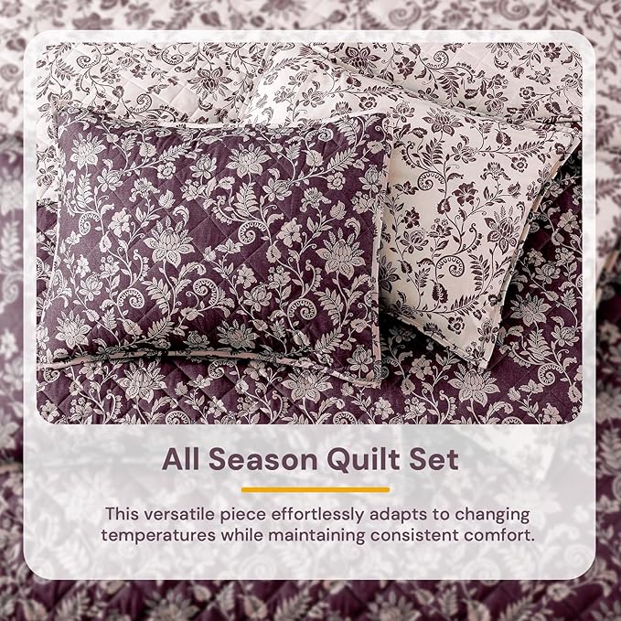 BLOOMHAVEN Quilt Set King Size, Italian Plum Floral Quilt Sets, Reversible Bedspread Lightweight and Breathable for All Seasons, Soft Quilted Bedspread with 2 Pillow Shams