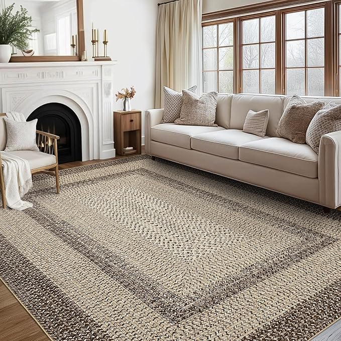 9x12 Living Room Rug Large Washable Rug Non Slip Boho Accent Braided Print Carpet Indoor Throw Floor Cover Farmhouse Rustic Area Rug Bohemian Border Carpet for Bedroom Home Decor, Camel