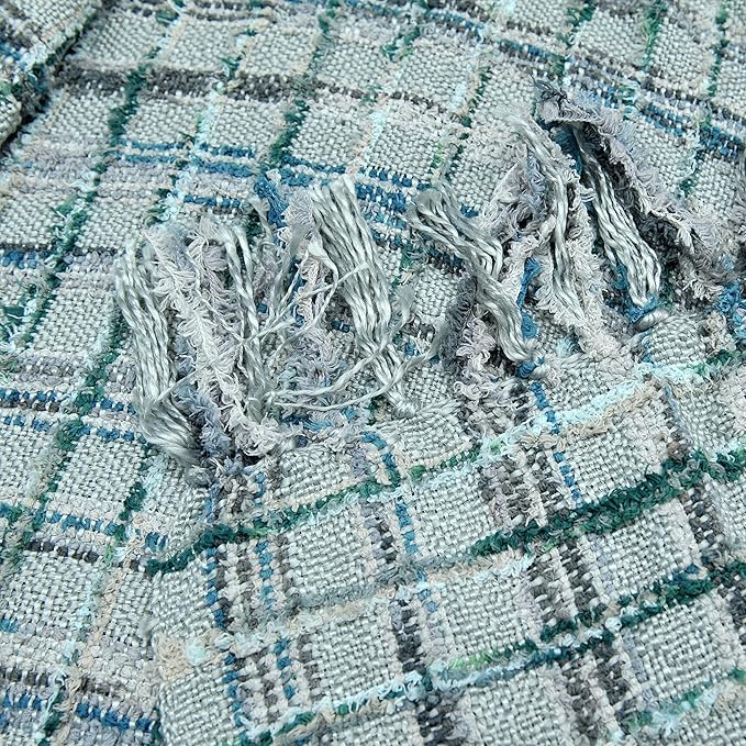 Multicolored Chenille Knitted Throw Soft Cozy Fluffy Reversible Boho Plaid Throw Blanket with Tassels for Couch Chair Bed Cover Living Room Bedroom Décor, 60" x 80", Gray Blue