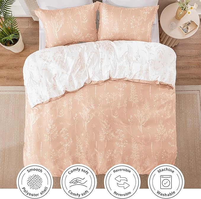 Love's cabin Pink Full Size Comforter Set - Full Comforter Set, 3 Pieces Cute Floral Bedding Sets for All Seasons,1 Soft Reversible Botanical Flowers Comforter and 2 Pillow Shams