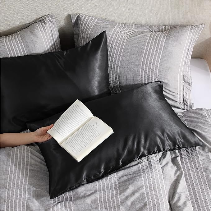 Bedsure Satin Pillowcase with Zipper, Similar to Silk Pillow Cases 2 Pack, Silky & Soft Satin Pillow Cases Standard Size for Hair and Skin, Black Pillow Covers, Gifts for Women Men, 20x26 Inches
