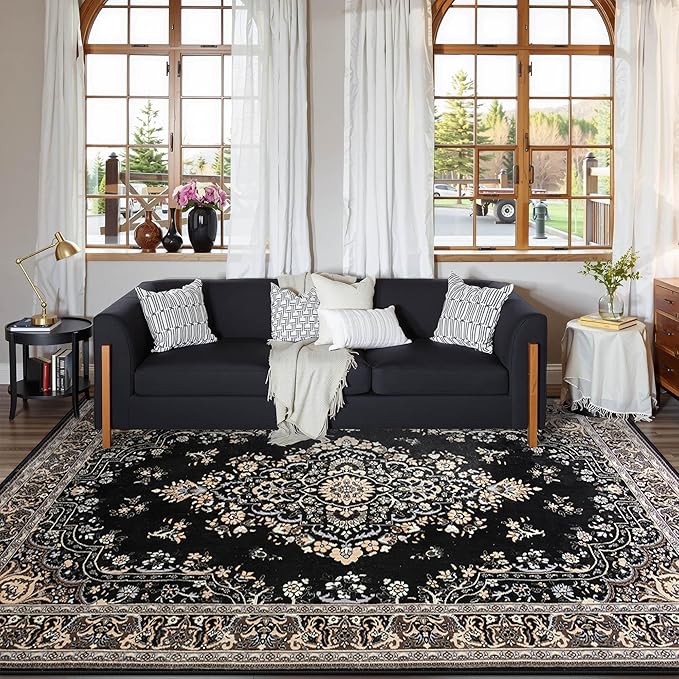CRYPTOLITE 9x11 Area Rug for Living Room, Modern Washable Rug Non Slip Low Pile Large Area Rugs for Living Room, Bedroom, Farmhouse, Dining Room,Black
