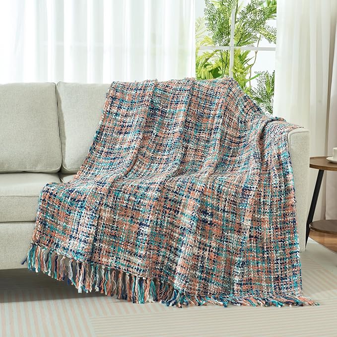 Multi-Color Pink Cable Woven Throw Blanket for Couch,50"X60" Boho Style Textured Blankets for Home Decor,Super Soft Warm Cozy Chunky Blanket with Decorative Tassels for Bed and Sofa