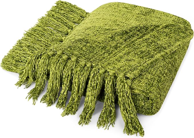PAVILIA Olive Green Throw Blanket for Couch, Twin Size Bed, Chenille Blanket for Sofa Bed, Soft Knit Woven Blanket with Tassel, Decorative Textured Blanket for Living Room, Olive Green 60x80