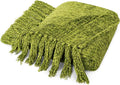 PAVILIA Olive Green Throw Blanket for Couch, Twin Size Bed, Chenille Blanket for Sofa Bed, Soft Knit Woven Blanket with Tassel, Decorative Textured Blanket for Living Room, Olive Green 60x80