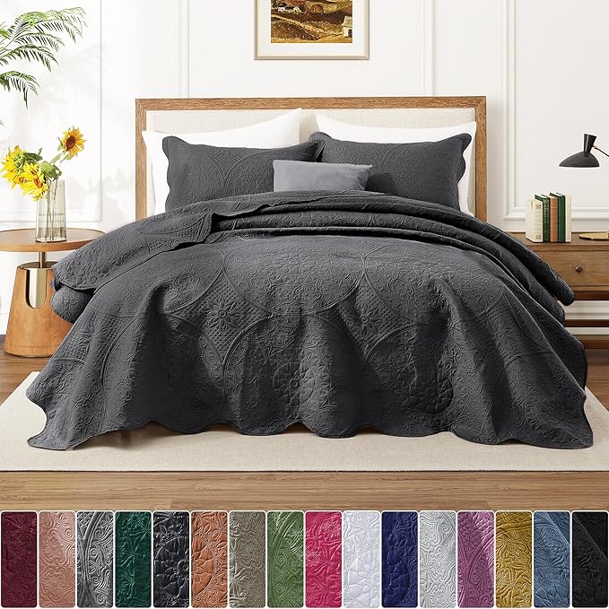 IR Imperial Rooms Twin Quilt Bedding Set Size (68” x 86”) + 1 Pillow Shams (20” x 26” + 2”) - 2 Pcs All Season Lightweight Reversible Microfiber Coverlet Floral Embossed Quilt Bedspread (Charcoal)