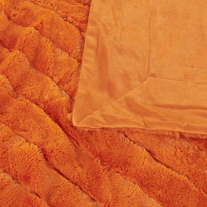 Striped Throw Blanket and Pillow Covers Set (No Inserts) for Couch and Bed, Plush Warm Lightweight Fuzzy Faux Fur Blanket for All Seasons (50" x 60", Burnt Orange)