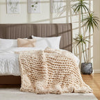 Chunky Knit Soft Throw Blanket - Cream - Chunky Chenille Cable Knitted Fluffy & Warm Chunky Throw Blanket with Woven Bag for Boho Home Decor, Handmade Large Knit Blanket for Bed & Couch 50" x 60"