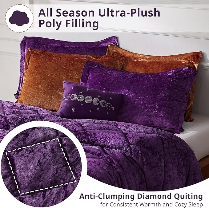 Intelligent Design King Comforter Set, Velvet Comforter Set , Luxury Diamond Quilting Comforter Set, Fluffy Comforter Bed Set with Decorative Pillowand 2 Shams, 4 Piece Purple, King/ Cal King