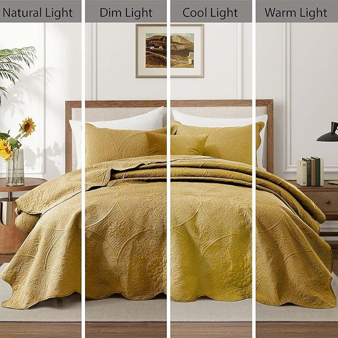 IR Imperial Rooms 8 Pack Quilt King Size Bedding (106" x 96") - Bulk Wholesale for Hotels, Guest Bedroom & Airbnbs - Lightweight Microfiber Reversible Floral Embossed Quilts Bedspreads (Ochre)