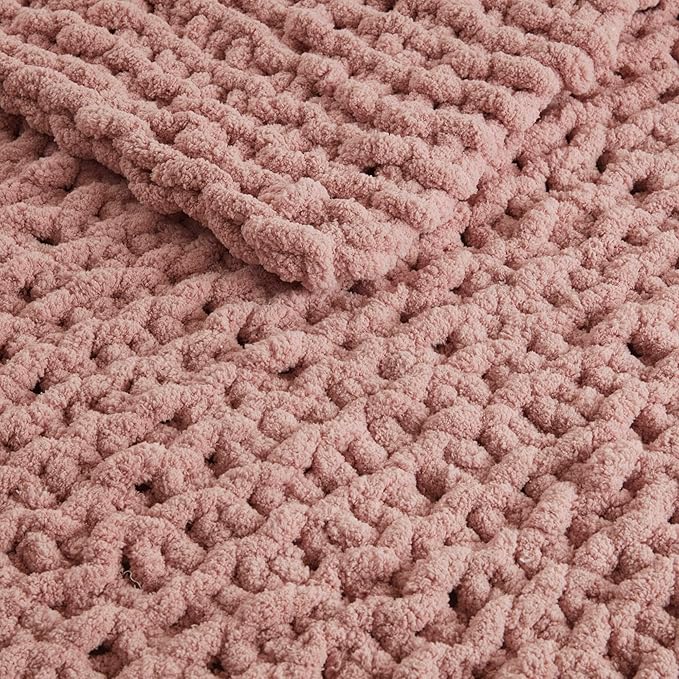 Madison Park Chenille Chunky Knit Handmade Throw Blanket, Luxuriously Soft Gift Blankets, Cottage Style Room Décor, Lightweight & Breathable All Seasons Throw Blanket for Couch, 50" W x 60" L Blush