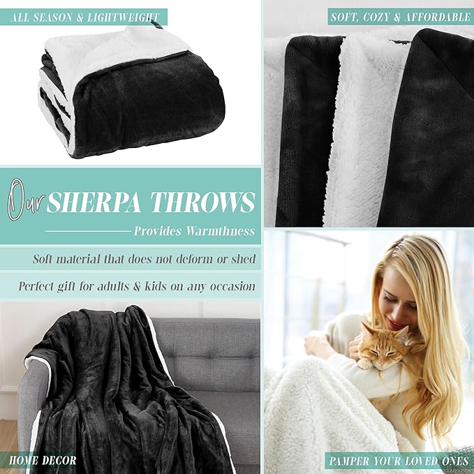 Elegant Comfort Throw Blanket, Reversible Sherpa Flannel, Ultra-Soft, Fuzzy, Cozy and Plush- All Season Lightweight Decorative Throw, 50 x 60 inches, Solid Sherpa Throw, Black