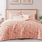 BLOOMHAVEN Quilt Set Twin Size, Clay Pink Floral Quilt Sets, Reversible Bedspread Lightweight and Breathable for All Seasons, Soft Quilted Bedspread with 1 Pillow Sham
