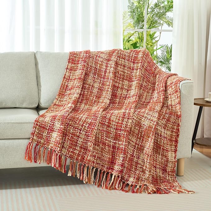 Multi-Color Dark Red Cable Woven Throw Blanket for Couch,50"X60" Boho Style Textured Blankets for Home Decor,Super Soft Warm Cozy Chunky Blanket with Decorative Tassels for Bed