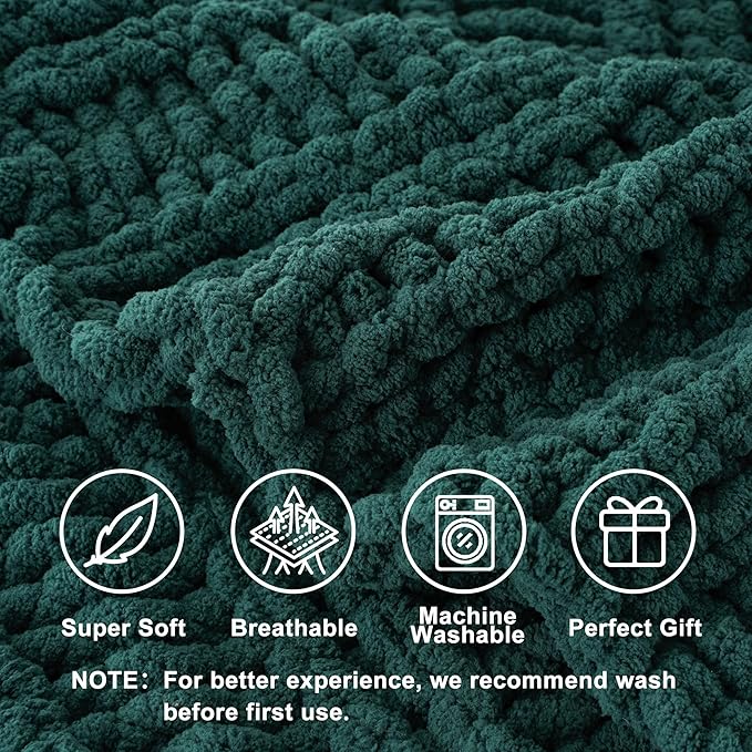 Battilo Christmas Green Throw Blanket for Couch, Chunky Knit Throw Blanket, Super Soft Warm Cozy Chenille Throw Blanket for Bed, Sofa, Living Room, Christmas Decor, 50"x60"