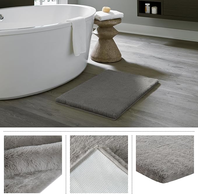 Home-Complete Faux Fur Bath Mat – 21x34-Inch Nonslip Jacquard Faux Fur Rug for Washable Rug Bathroom or Kitchen, Gray