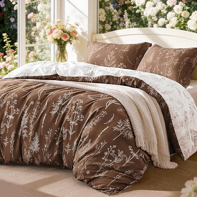 Love's cabin Chocolate Comforter Set King - King Size Comforter Set, 3 Pieces Cute Floral Bedding Sets for All Seasons,1 Soft Reversible Botanical Flowers Comforter and 2 Pillow Shams