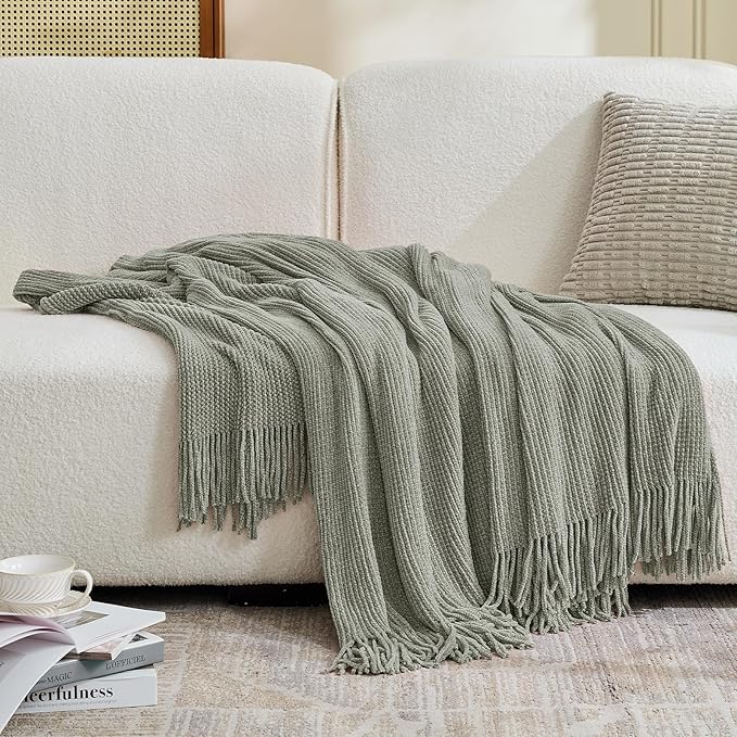 inhand Throw Blanket for Couch Bed,Chunky Chenille Woven Soft Blankets with Tassels, Cozy Boho Farmhouse Fall Winter Decor,Warm for Women,60"x80",Medium Thick-Light Grey