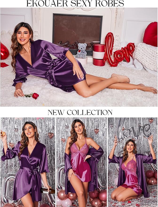Ekouaer Women's Satin Robe Valentines Lingerie for Women Kimono Bathrobe Short Ruffle Belted Robes Bridesmaids Sleepwear
