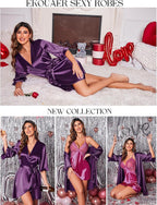 Ekouaer Women's Satin Robe Valentines Lingerie for Women Kimono Bathrobe Short Ruffle Belted Robes Bridesmaids Sleepwear