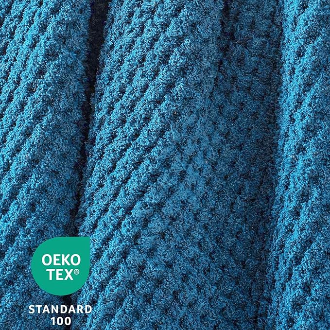 Waffle Knit Throw Blanket, Luxury Cozy Chunky Knit Throw Blanket for Couch, 50 x 60 Inch Thick Ultra-Soft Feather Yarn Knitted Blanket for Sofa, Bed, Home Decor - Blue