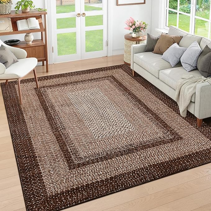 RUGSREAL Washable Rug 5x7 Boho Accent Bedroom Rugs Modern Geometric Floor Carpet Indoor Low Pile Non Slip Farmhouse Rustic Bohemian Carpet for Living Room Nursery Kitchen, Brown