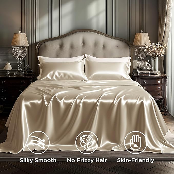 Bedsure Satin Sheets Full Size - 4 Piece Silky Bedsheets with 15 Inches Deep Pocket Fitted Bedsheet,1 Flat Sheet, 2 Satin Pillowcases, Good for Hair & Skin (Full, Khaki)