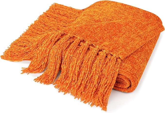 PAVILIA Orange Chenille Throw Blanket for Couch Sofa, Soft Knit Throw with Tassel, Decorative Blanket for Bed Chair Living Room, Orange 50x60