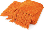 PAVILIA Orange Chenille Throw Blanket for Couch Sofa, Soft Knit Throw with Tassel, Decorative Blanket for Bed Chair Living Room, Orange 50x60