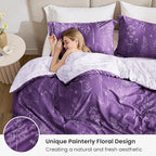 Love's cabin Dark Purple Comforter Set King - King Size Comforter Set, 3 Pieces Cute Floral Bedding Sets for All Seasons,1 Soft Reversible Botanical Flowers Comforter and 2 Pillow Shams
