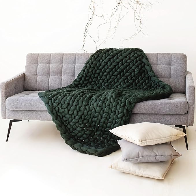 Boho Throw Blanket Green - Chunky Knit Blanket, Full Size Blanket for Adult, Handmadel Blanket for Bed Decor, Crochet Blanket, Gift for Women Birthday (Hunter Green, 54"x75")