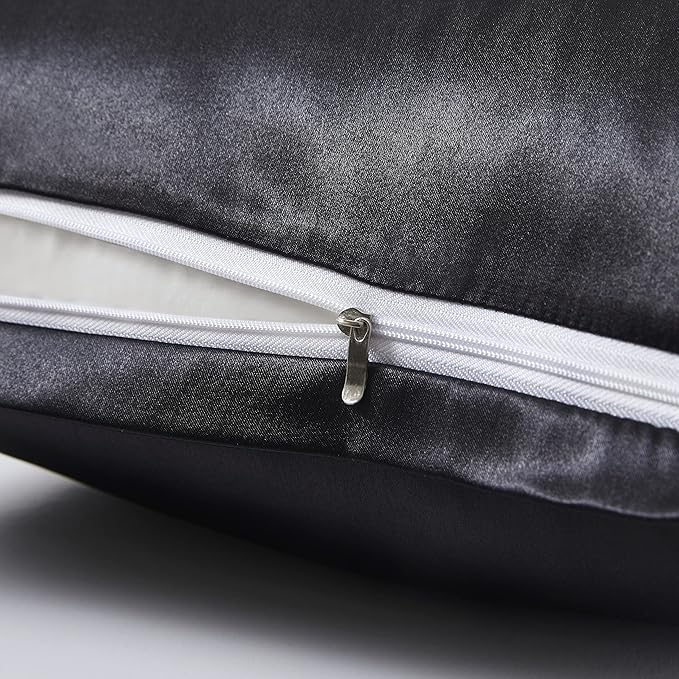 Satin Pillowcases with Zipper （20x36）,King Size Pillowcases Set of 2,Black Silk Pillowcase for Hair and Skin