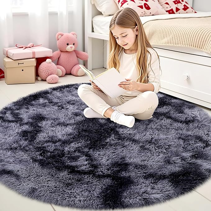 OLANLY Light Grey Tie-dye Round Rugs for Bedroom - Machine Washable, 4x4 Feet Circle Area Rugs for Living Room, Soft and Fluffy Shaggy Carpet for Teen Girls and Boys, Dorms, Home Decor Aesthetic