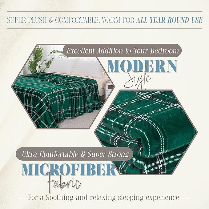 Elegant Comfort Luxury Velvety Feel Blanket, All-Season Lightweight Blanket, Ultra Plush, Soft, Cozy-Fuzzy Flannel Fleece for Couch, Sofa, Bed, Travel, Plaid Design, King/California King, Green