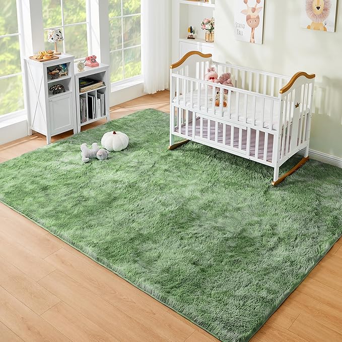 Litanika 5x8 Fluffy Shag Faux Fur Area Rug for Living Room Bedroom, Tie-Dyed Army Green High Pile Soft Plush Shaggy Furry Bedside Playroom Dorm Carpet, Non-Slip, Non-Shedding Modern Indoor Floor Rug