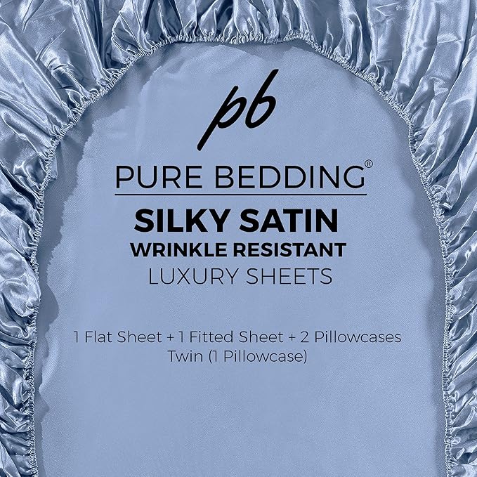 Pure Bedding Satin Sheets Twin [3-Piece, SkyBlue] Hotel Luxury Silky Bed Sheets - Extra Soft 1800 Microfiber Sheet Set, Wrinkle, Fade, Deep Pocket Fitted Sheet, Flat Sheet, Pillow Cases