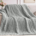 Negwoo Chunky Knit Throw Blanket, 80''*90'' Knitted Throw Chenille Yarn for Bed Couch, Handmade Light Grey Crochet Big Thick Blanket, Machine Washable Cute Comfy Blanket for Home Decor
