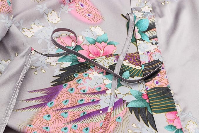 Women's Short Kimono Robes Bride and Bridesmaid Satin Floral Bathrobe Peacock Sleepwear Dressing Gown for Wedding Party