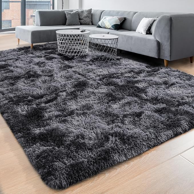 ISEAU Area Rugs 8x10 Feet for Living Room Rugs, Ultra Soft Fluffy Rugs for Bedroom, Non-Slip Modern Large Shag Bedroom Rug, Carpet for Living Room Home Decor, Tie-Dyed Dark Grey