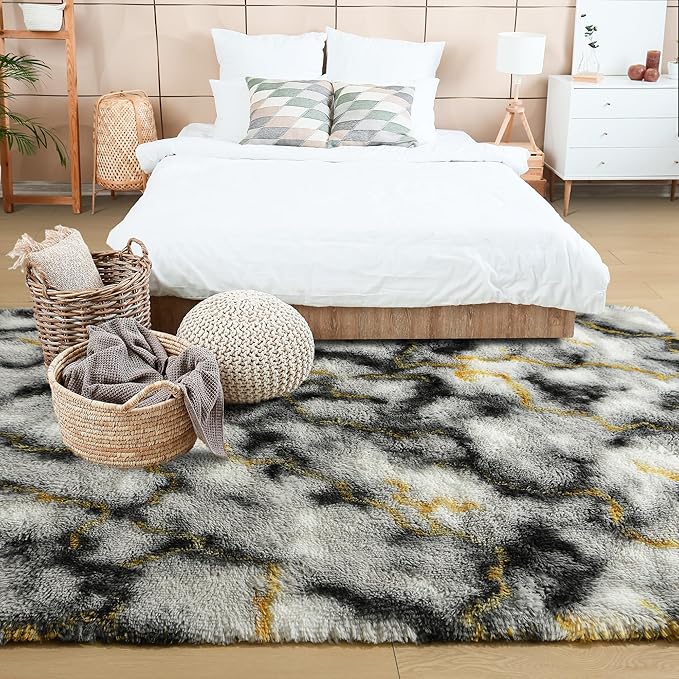 Noahas Fluffy 4x6 Area Rugs for Bedroom Living Room,Thick Shag Grey and Gold Throw Floor Carpet,Soft Shaggy Bedside Non-Slip Plush Dorm Nursery Kids Rug