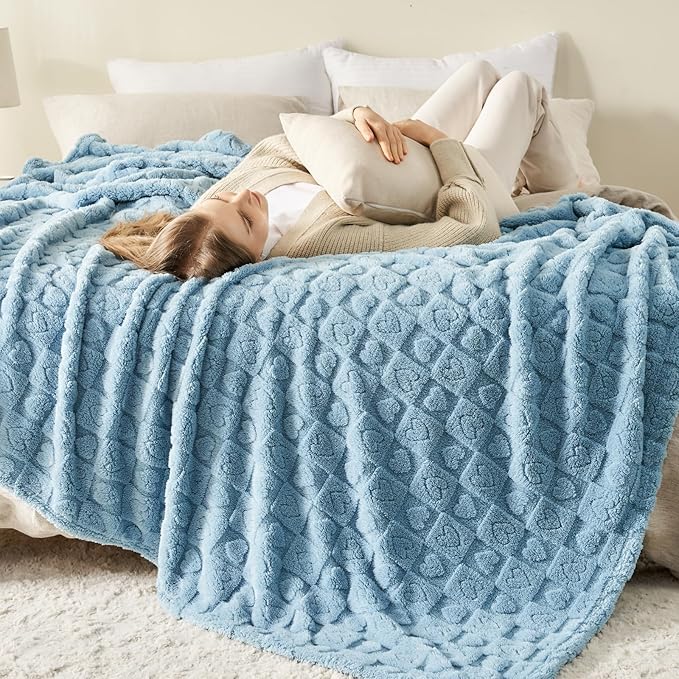 NEWCOSPLAY Super Soft Twin Blanket Blue Premium Silky Flannel Fleece 3D Heart Checkered Lightweight Bed Blanket All Season Use (Blue Heart, Twin(60"x80"))